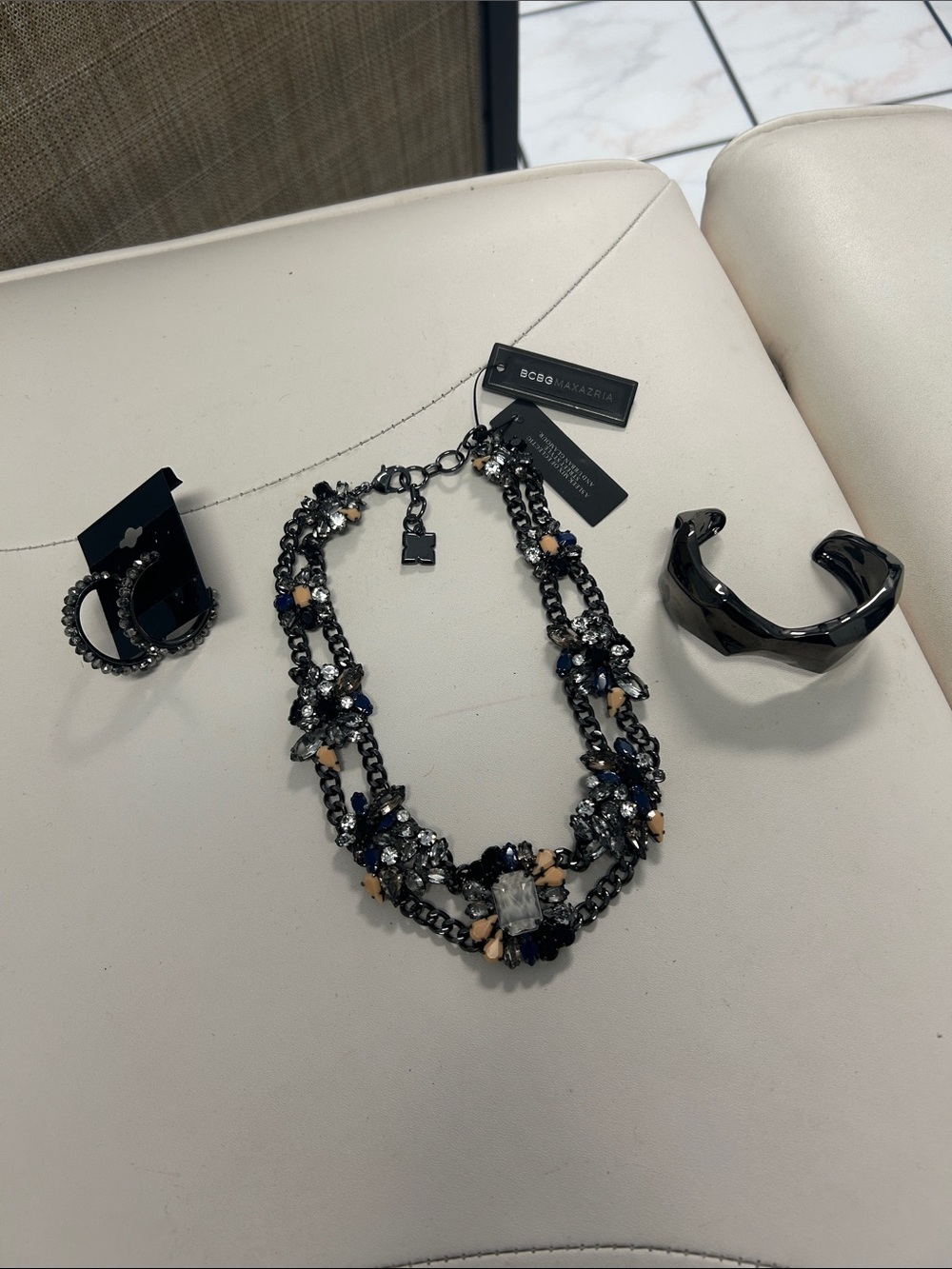 BCBGMAXAZRIA Black Multi-Color Crystal Statement Necklace, RLM Cuff, INC Hoops